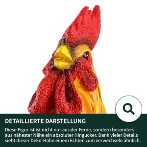 Detailansicht: Wetterfester, krähender Hahn als Gartenfigur von VERDOBA, rot-gelb.