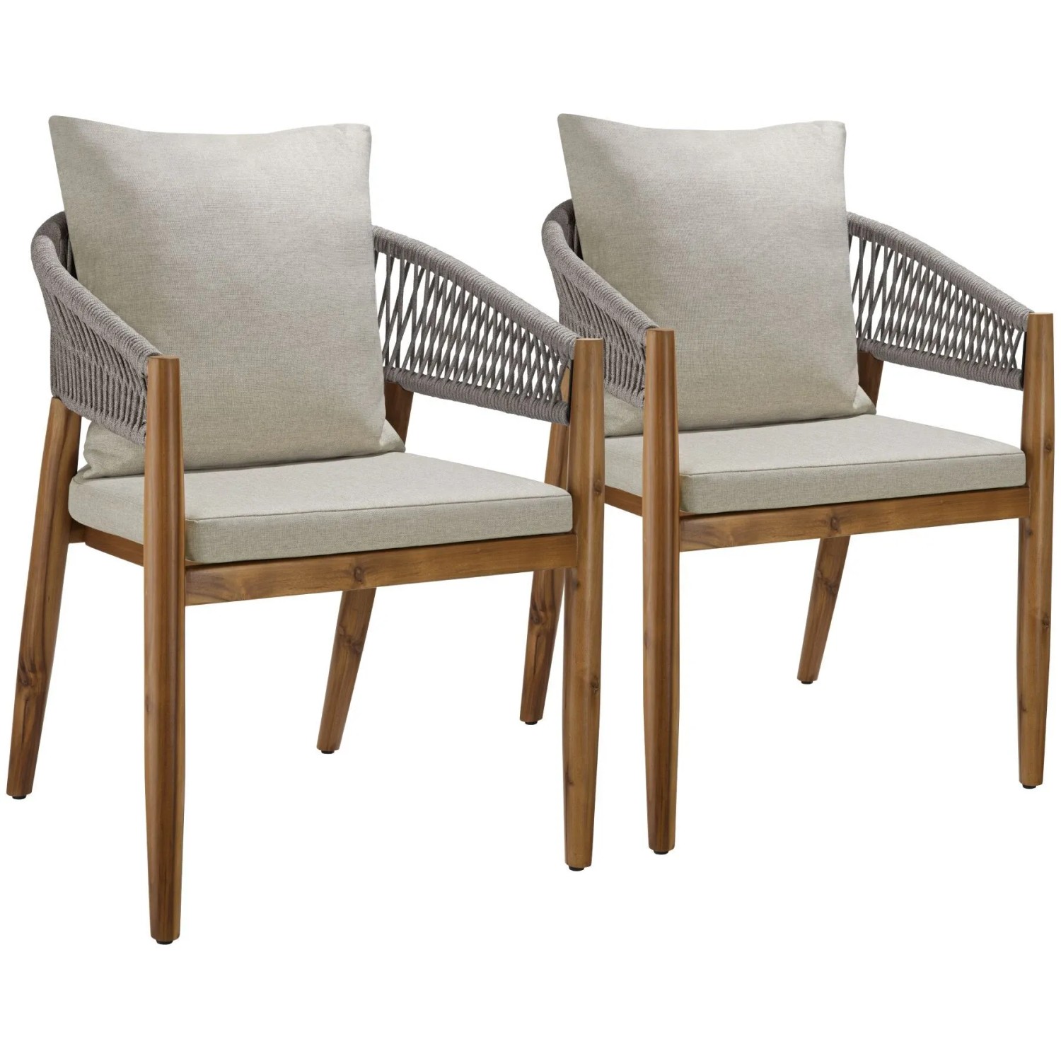 Tectake Gartenstuhl Manacor Lasiertes Akazienholz  Wetterfest Arm  und Rückenlehne Im Rope Design 2Er Set 58 x 59 x 76 50 cm Greige