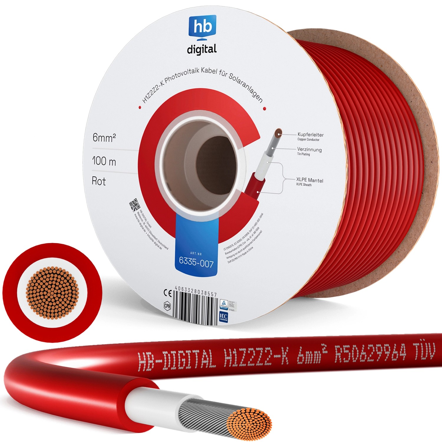 Thumbnail - hb-digital Solarkabel 6 mm² Photovoltaik Kabel für PV Anlagen 100m rot
