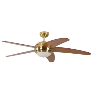 Pepeo Deckenventilator Melton mit Messing-Gehäuse, Ahorn-Flügeln, Beleuchtung und Fernbedienung.