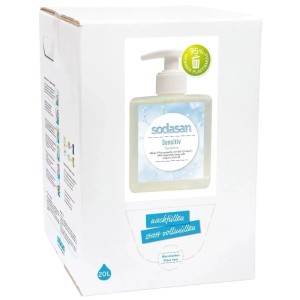 Weißer 20L Sodasan Sensitive Flüssigseife Bag-In-Box Nachfüllpack für Hände und Körper.