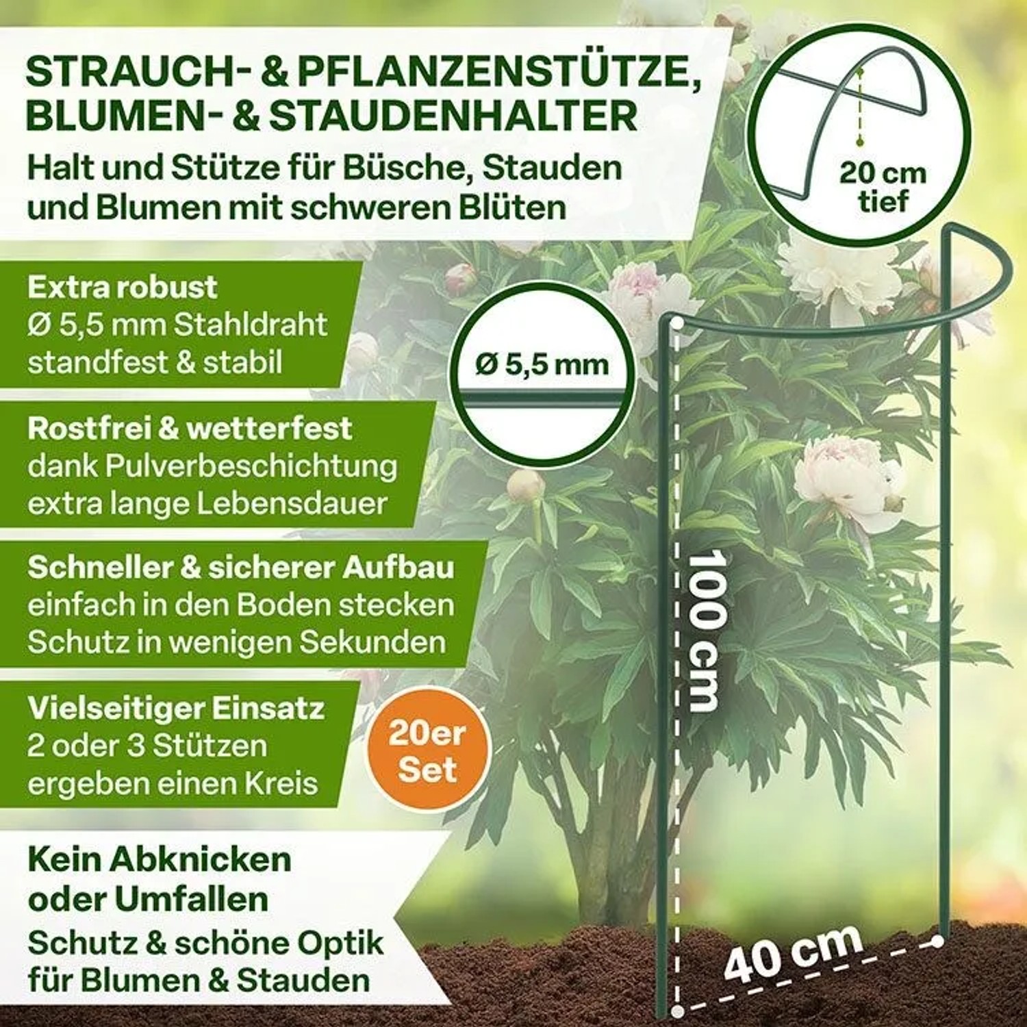 20er Set TTL GARDEN Strauchstützen aus grünem Metall, 100x40cm, stützen blühende Stauden. Robuste Pflanzenhalter.
