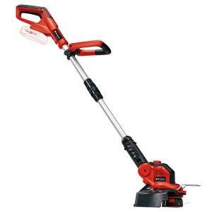 Einhell Akku-Rasentrimmer GE-CT 18/28 Li-Solo, rot/schwarz, mit verstellbarem Holm und Trimmerfaden.