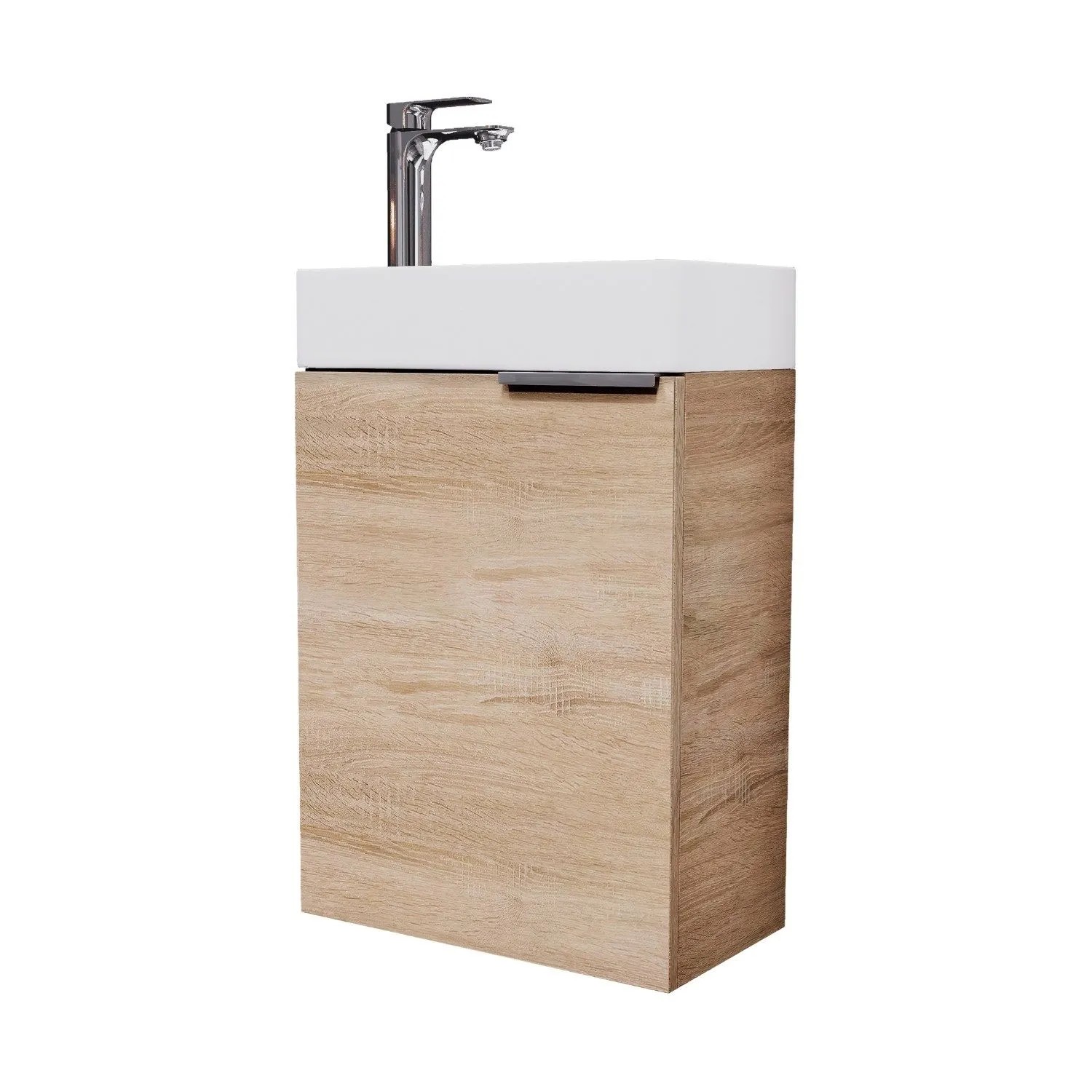Planetmöbel Waschbeckenunterschrank 40 cm Sonoma Eiche mit Keramikwaschbecken Armatur Chrom Soft Close