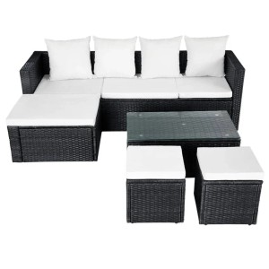 Schwarzes 4-tlg. vidaXL Garten Lounge Set aus Rattan mit Auflagen und Tisch.