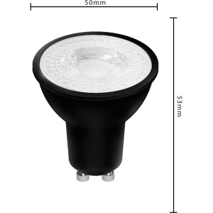 Schwarzer GU10 LED-Spot, warmweiß, 53 mm hoch, 50 mm breit, 3er-Set.