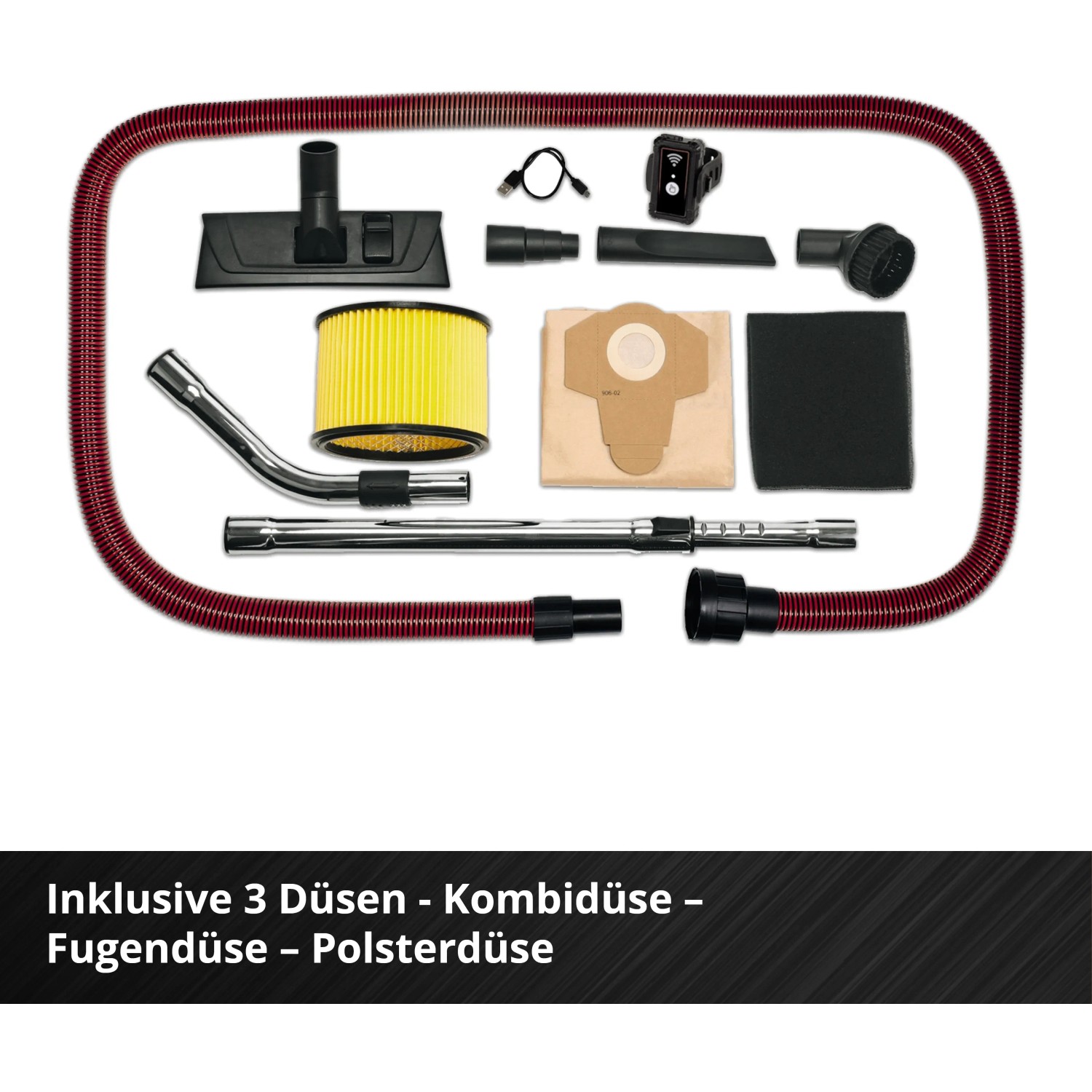 Zubehör für Einhell Akku-Nass-Trockensauger: Düsen, Filter, Saugrohr und Schlauch.