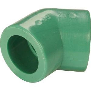 Grüner PPR-Winkel 45° DN 25 aus Kunststoff für Sanitärinstallationen.