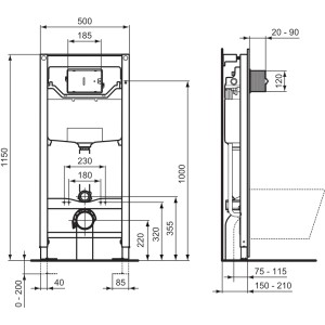 Technische Zeichnung Ideal Standard Vorwand-Paket ProSys, Maße und Details für WC-Trockenbauelement.