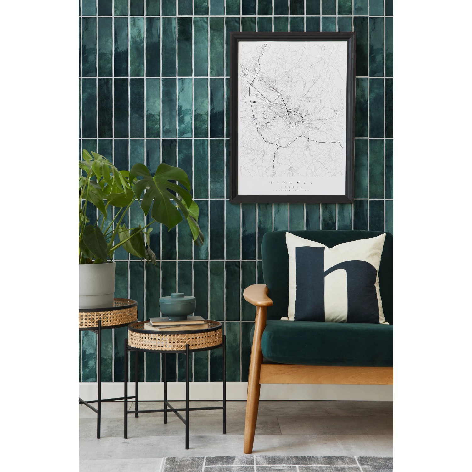 Grosfillex Wandpaneele Element 3D Optik Vertical Tiles Lagoon im Wohnraum.