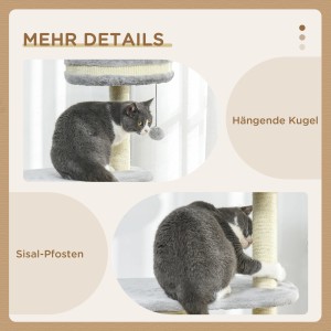 Detailansicht: Katze am PawHut Kratzbaum mit Sisalsäule und Spielzeug.