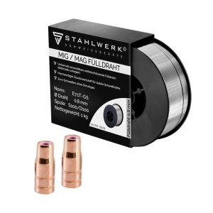 STAHLWERK Verschleißteile Set: Fülldrahtdüse (2er) + Fülldraht 1 kg, 0.8 mm. Zubehör für Schweißgeräte.