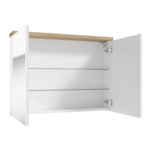 Offener weißer MDF Spiegelschrank 80x60cm mit Trüffelbuche Holzoptik, zwei Spiegeltüren und Glasböden.
