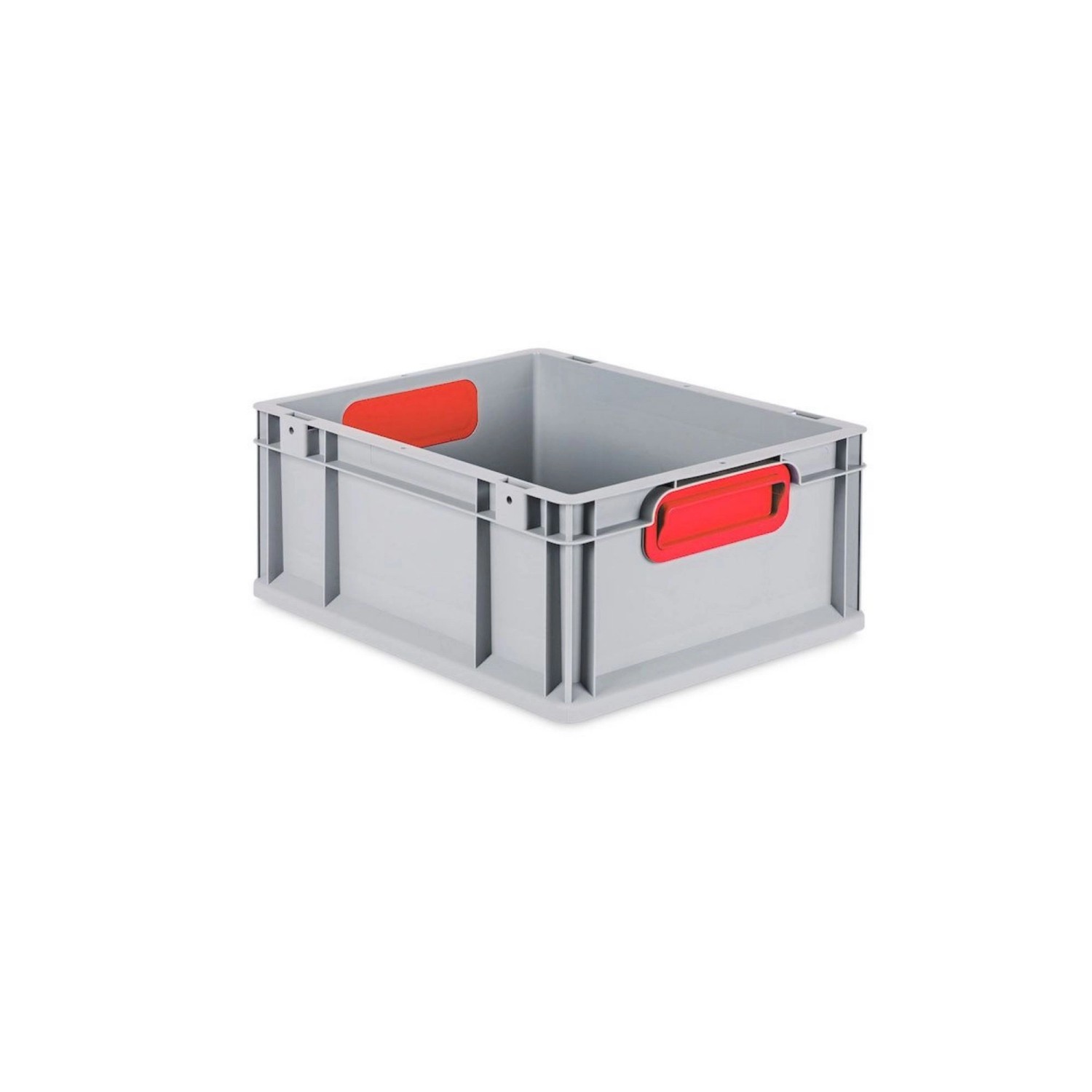 Graue PROREGAL Eurobox mit roten Griffen und Auflagedeckel, 17x30x40 cm. Aufbewahrungsbox für Industrie und Gewerbe.