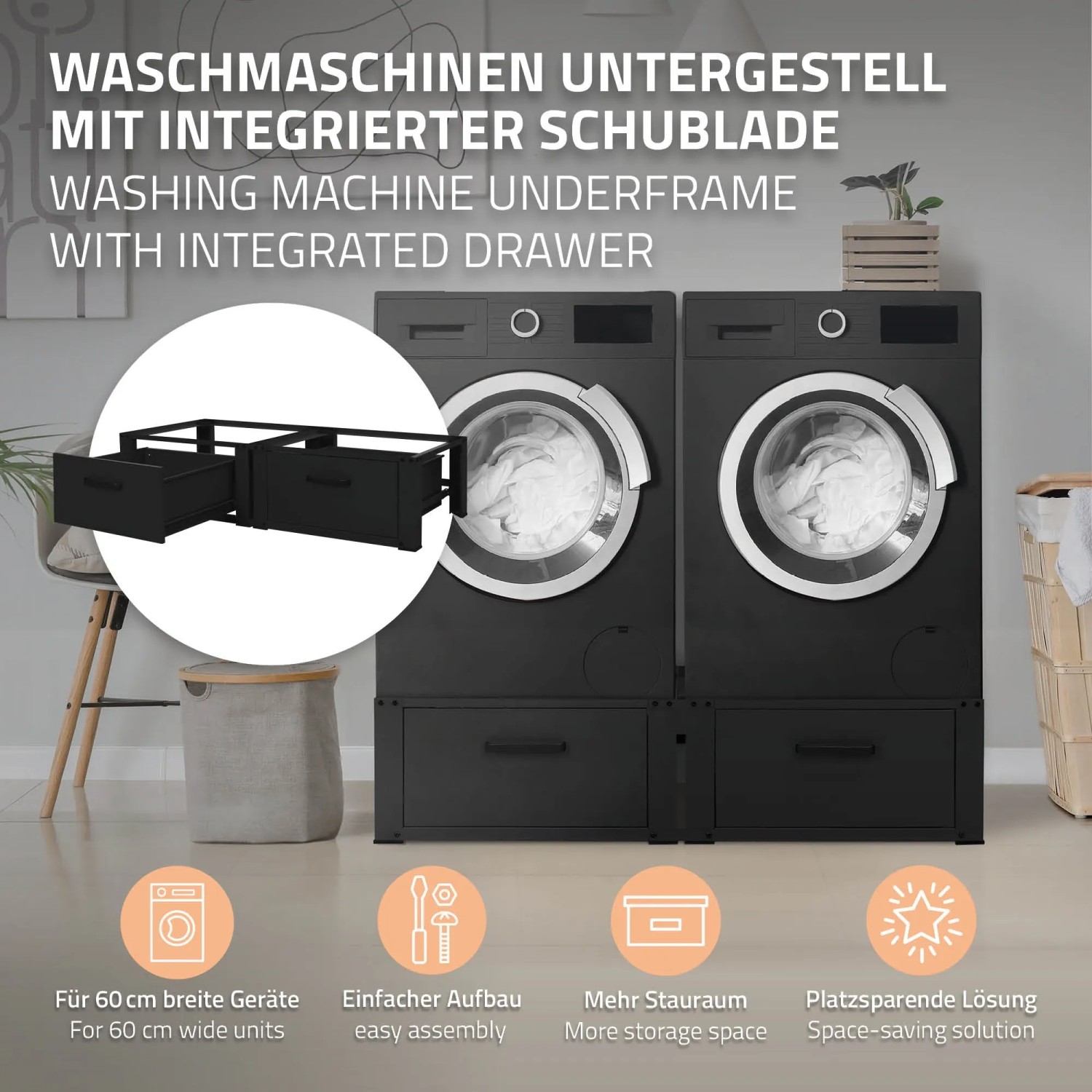 ML-Design Waschmaschinen Untergestell Doppel, schwarz, mit Schubladen für mehr Stauraum.