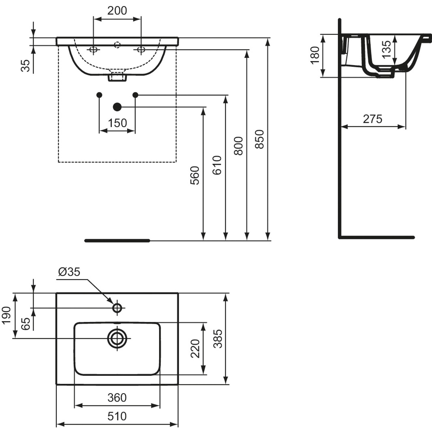 Technische Zeichnung: Ideal Standard i.life S Möbelwaschtisch, 51 cm, Weiß. Einbauwaschbecken mit Maßen.
