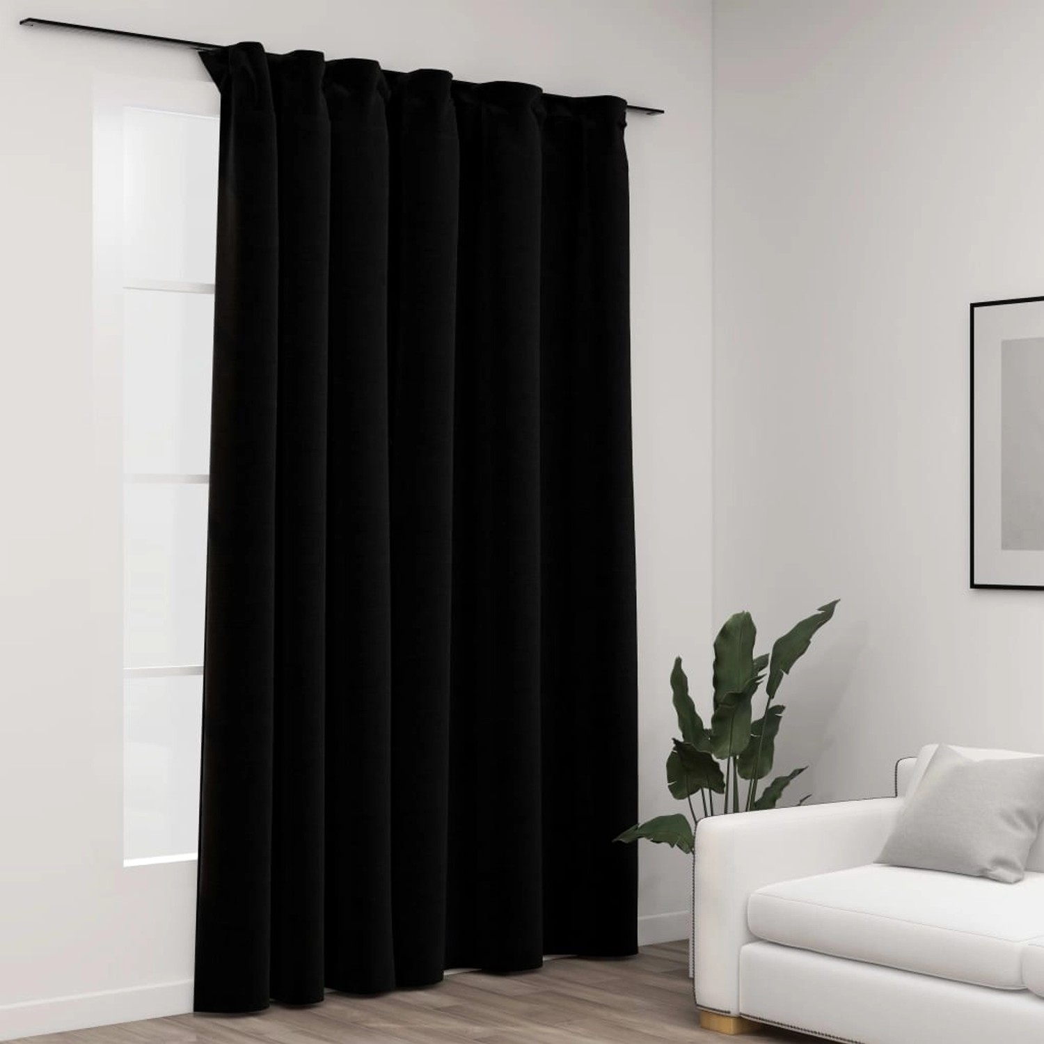 Schwarzer Verdunkelungsvorhang in Leinenoptik (290x245cm) mit Haken für Fenster.