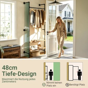 SoBuy Wandgarderobe mit Kleiderstange und 2 Ablagen im Industrie-Look, 91,5x220x48cm.