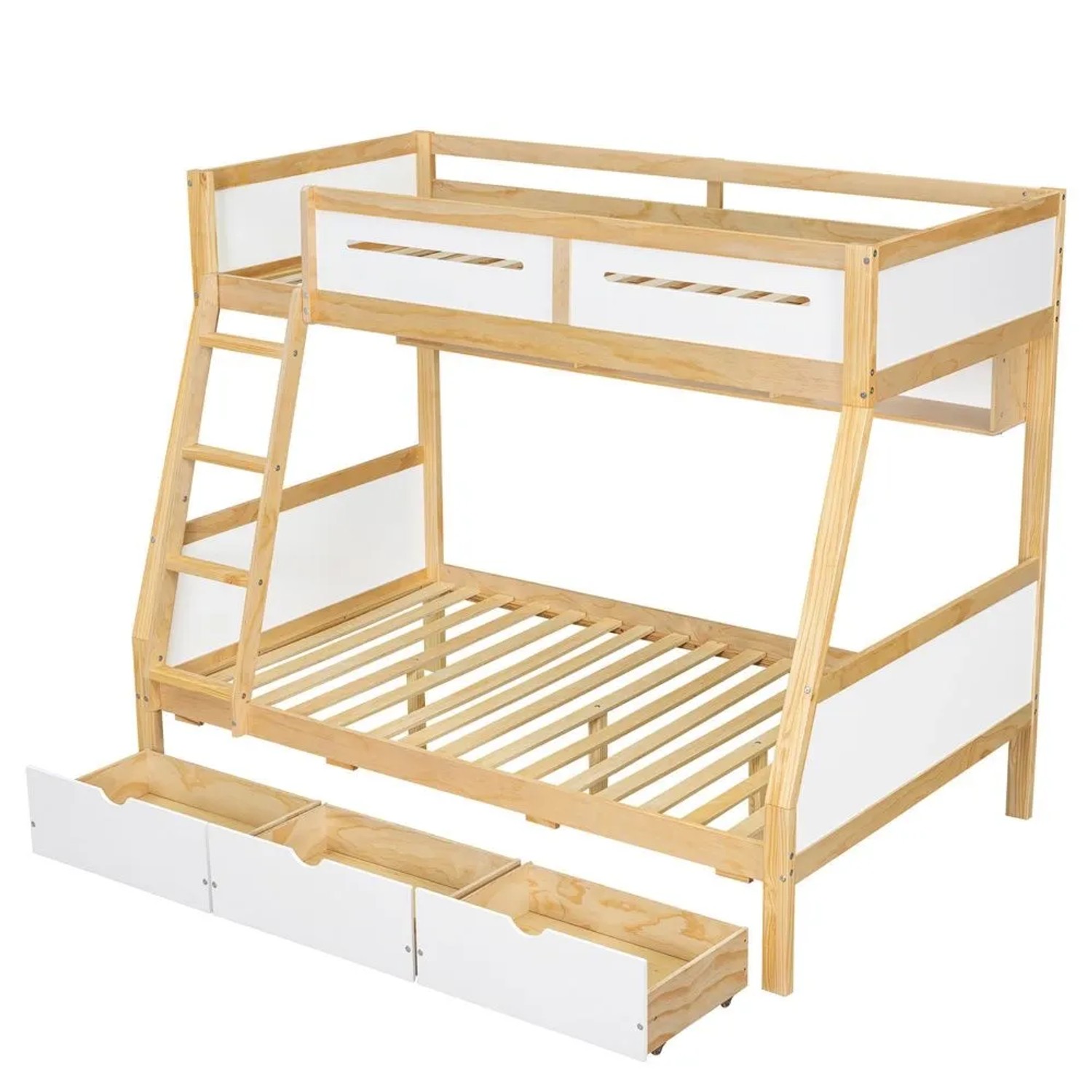 KOMHTOM Etagenbett Kinderbett 90x200Cm/120x200Cm Mit Drei Schubladen Schreibtisch Geländer Und Leiter Kiefernholz+ Mdf+Sperrholz Weiß+Natur