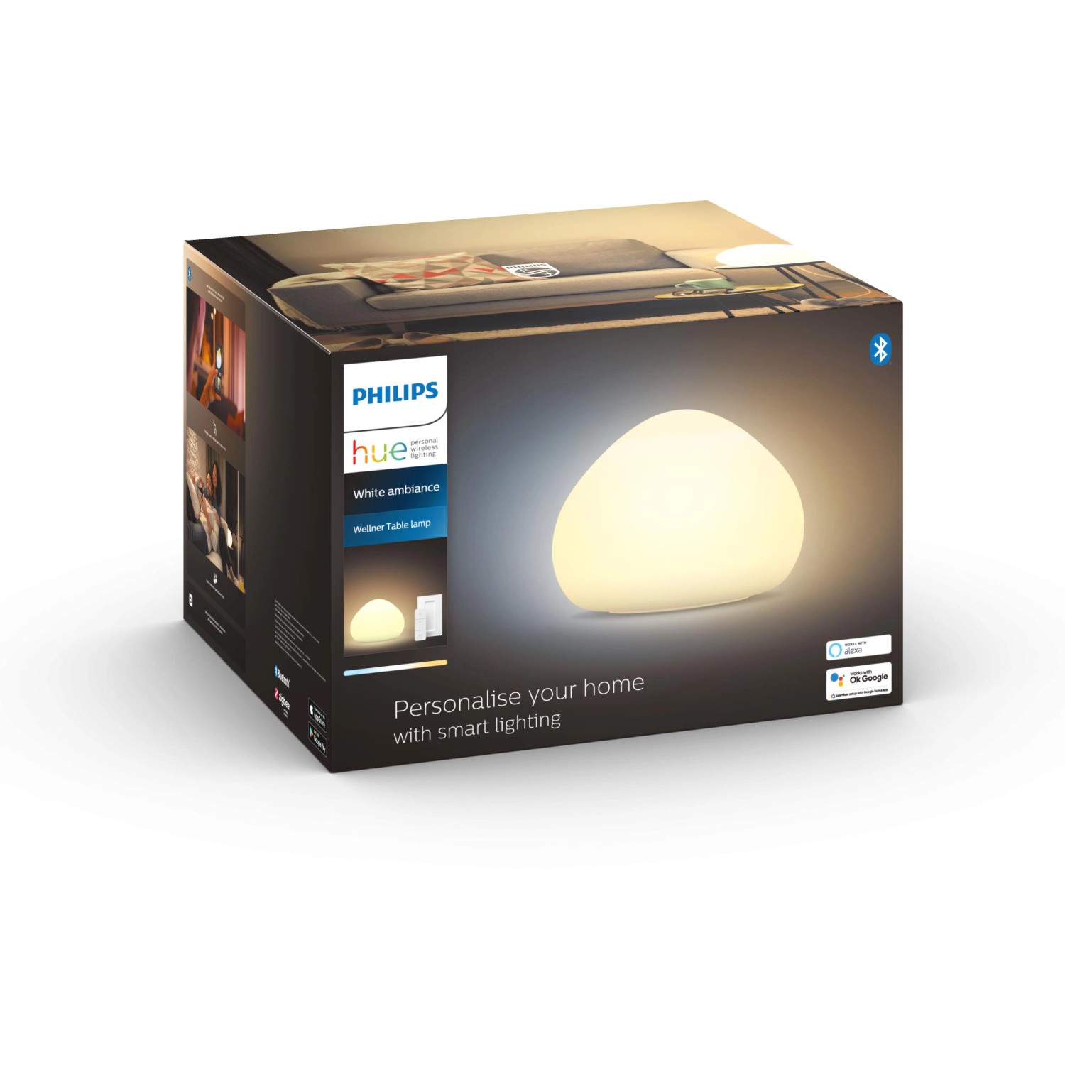 Verpackung der Philips Hue White Ambiance Wellner Tischleuchte mit Dimmer, weiße Leuchte.