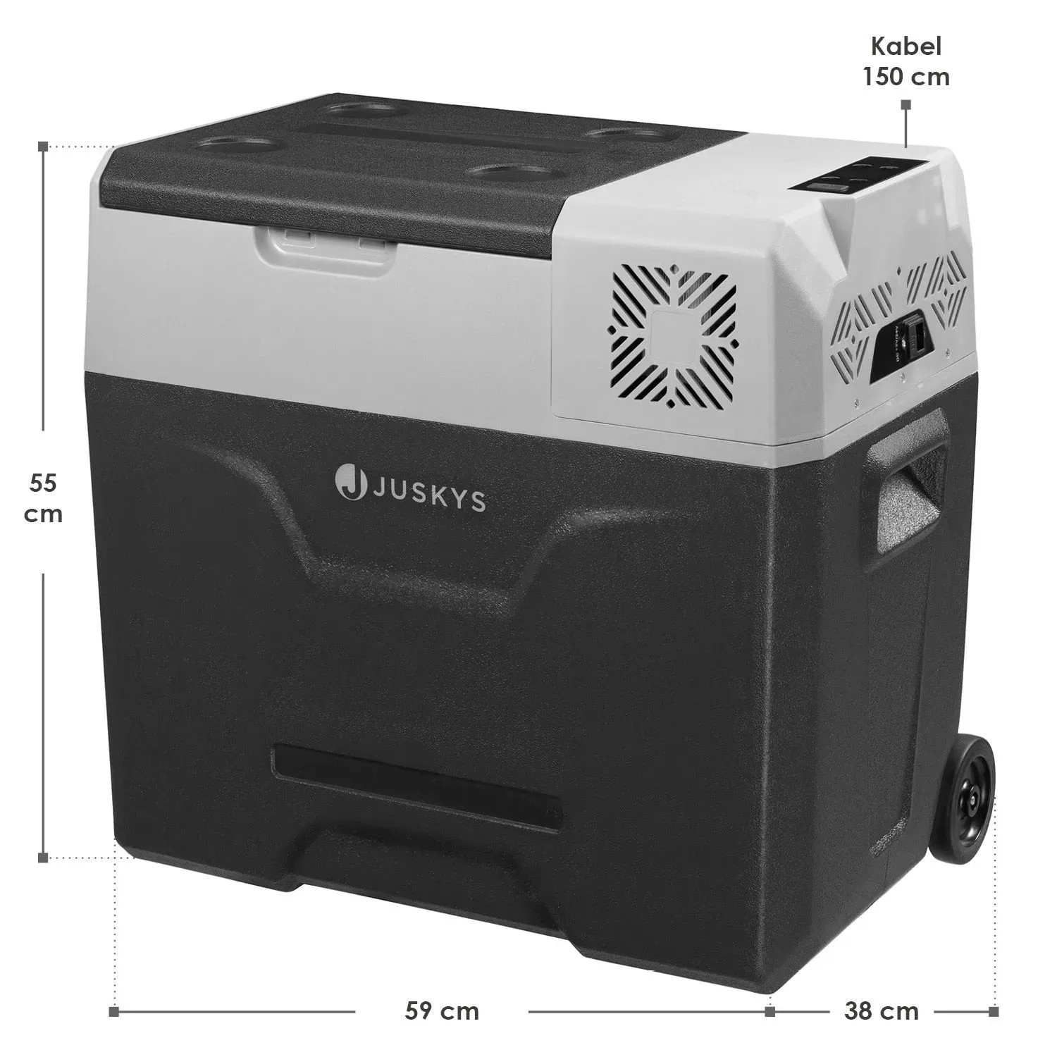 Juskys Kühlbox Yukon, 50 Liter, mit Kompressor, grau-schwarz, mit Rollen und Teleskopgriff.