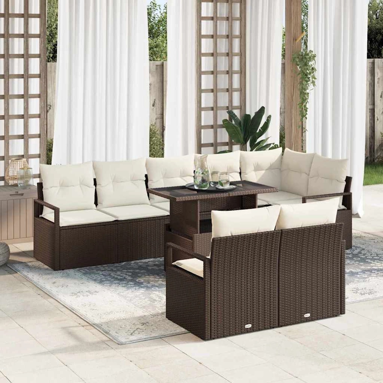 Braunes 9-teiliges vidaXL Garten-Sofa-Set aus Poly Rattan mit Tisch und Auflagen.