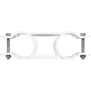 Weißer Schake Schnellverbinder für Bauzäune und Absperrsysteme mit Schrauben.