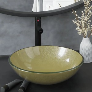 Rundes goldenes Glas-Waschbecken mit schwarzem Wasserhahn und Ablaufgarnitur für Badezimmer.