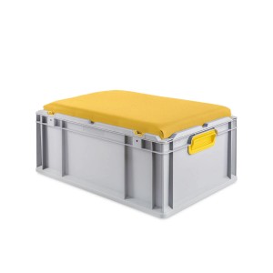 Gelbe Eurobox NextGen Seat Box, 44 Liter, mit Griffen und Sitzkissen. Aufbewahrungsbox für Industrie und Gewerbe.