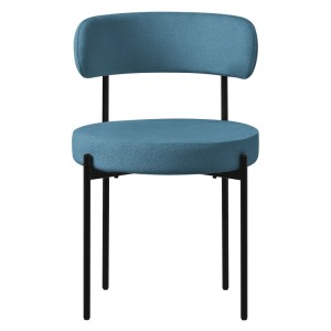 Blauer ML-Design Esszimmerstuhl mit Rückenlehne und schwarzem Stahlgestell.