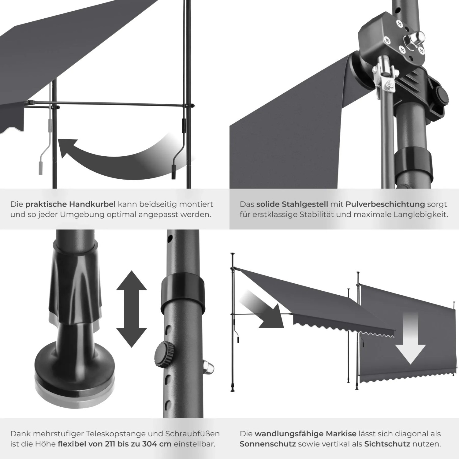 Tectake Klemmmarkise Schwarz Grau mit Handkurbel, UV-beständig. Zeigt Stahlgestell, Teleskopstangen, Höhenverstellung, Sonnen- & Sichtschutz.