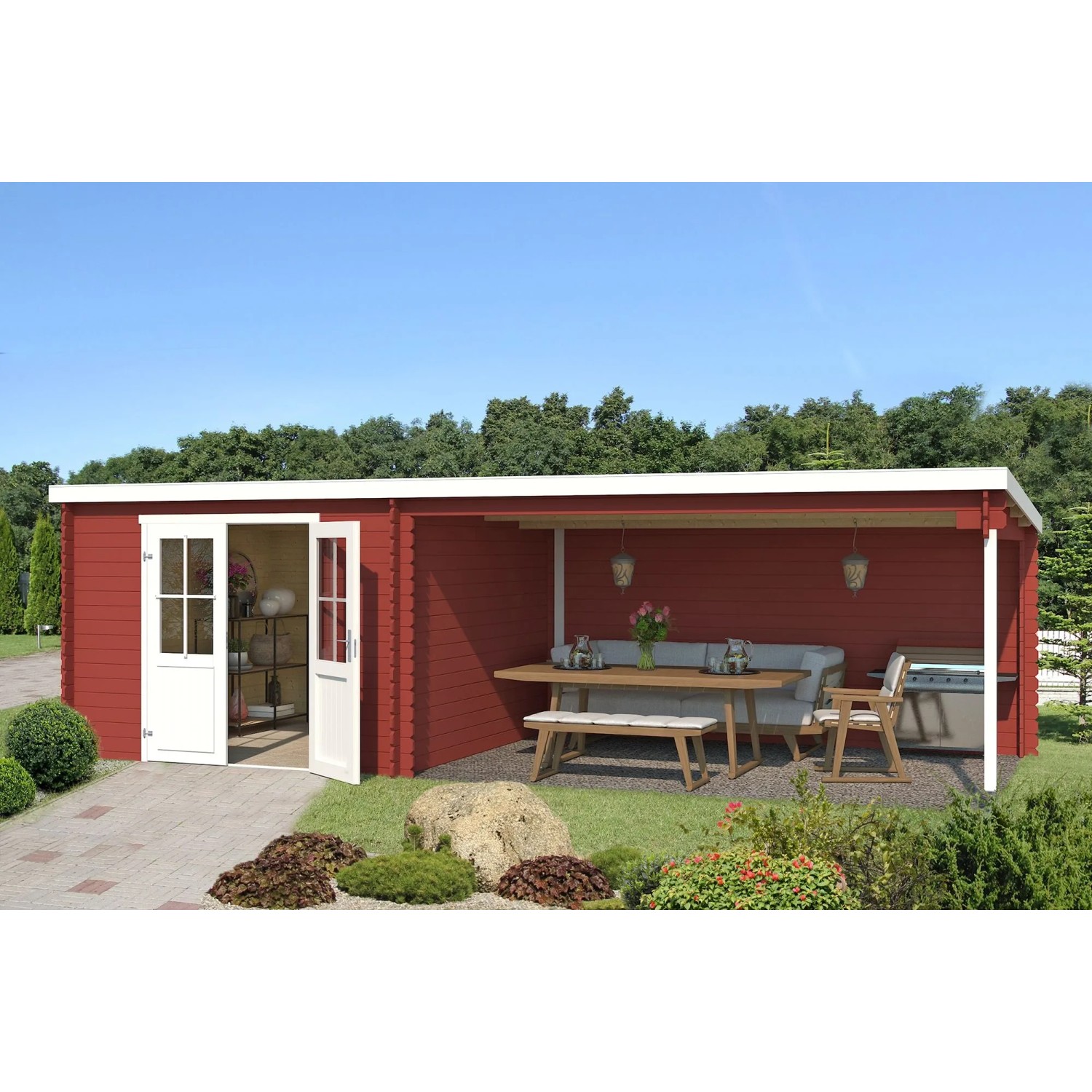 Lasita Holz-Gartenhaus St Louis Flachdach Schwedenrot Lasiert 681 cm x 292 cm