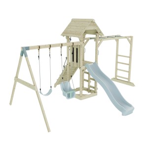 OutdoorToys Spielturm Örebro mit Rutsche, Schaukel und Klettergerüst in Eisblau.