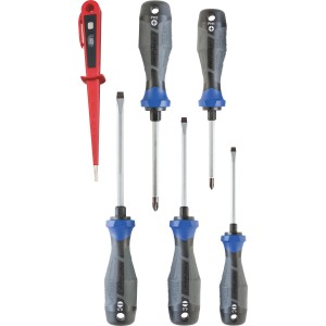 6-teiliges Schraubendreher-Set von LUX-TOOLS mit Schlitz-, Kreuzschlitz-Schraubendrehern und Spannungsprüfer.