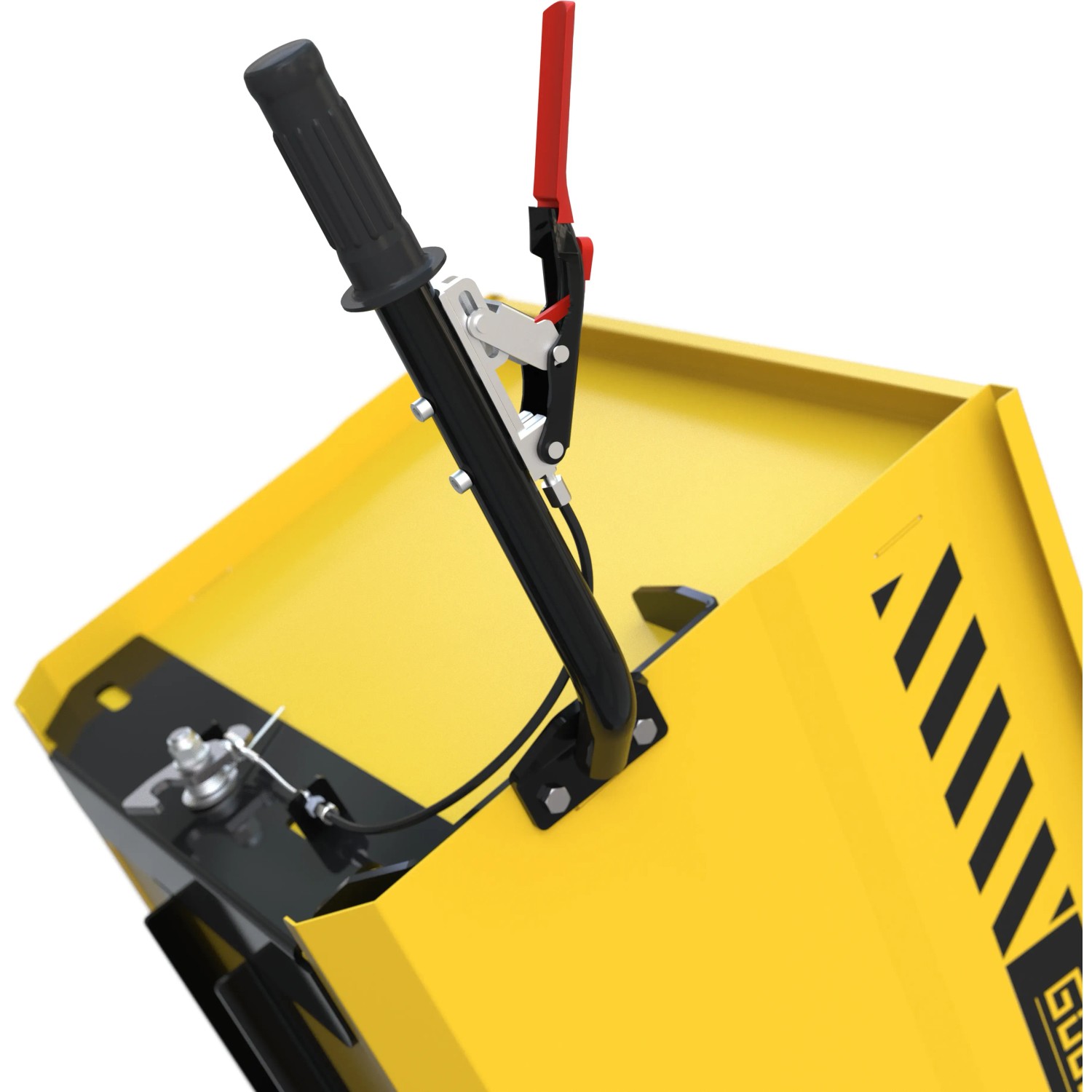 Detailaufnahme: Güde Raupendumper GRD 400/R, gelb-schwarz, Bedienelemente und Kippmulde.