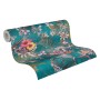 Vliestapete mit Blumenmuster in Blau und Grün. Dekorative Tapete mit floralem Design.