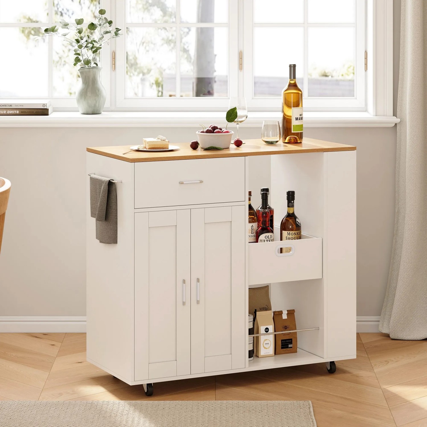 PXloue Küchenschrank auf Rollen-Sideboard mit Schublade Arbeitsplatte & Handtuchhalter Weiß_3