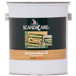 Scandiccare Gartenmöbelöl 3L mit UV-Schutz für Holz. Weiße Dose mit Teak-Farbmuster für Holzpflege im Außenbereich.