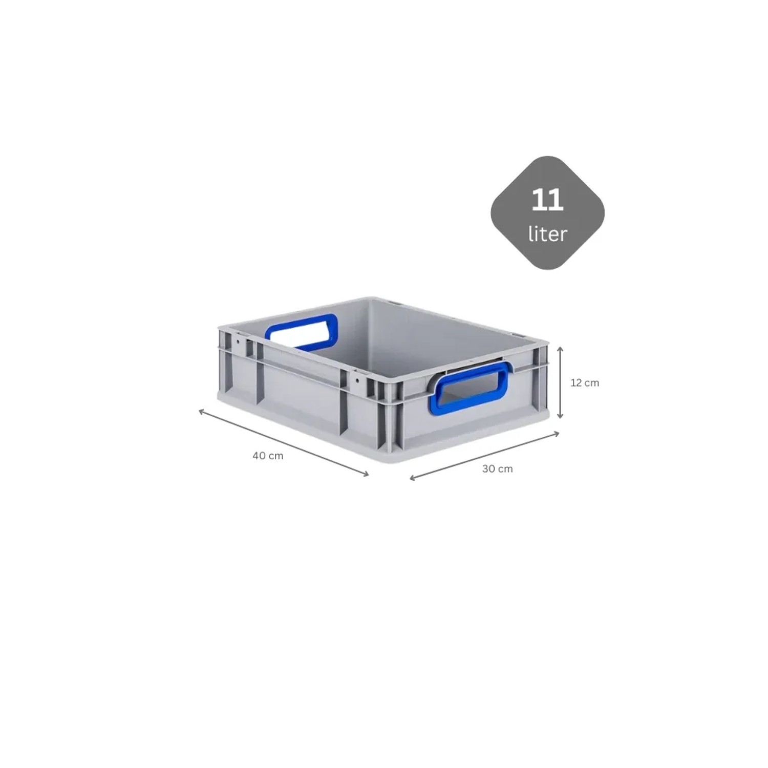 Graue PROREGAL Eurobox mit blauen Griffen, 12x30x40 cm, aus Kunststoff. Ideal zur Aufbewahrung.