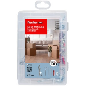 Fischer EasyDIY Box Neue Wohnung (76 Teile), Dübel-Set mit Schrauben und Haken für Befestigungen im Innenbereich.