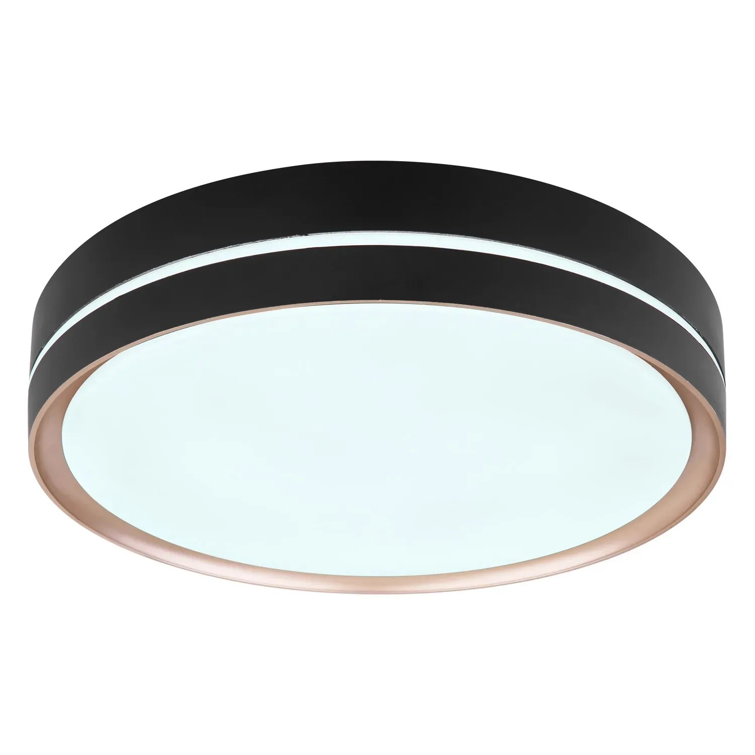 Schwarze, runde LED-Deckenleuchte Manni (Ø 38,5 cm) mit bronzefarbenem Ring. Dimmbar und mit Nachtlichtfunktion.