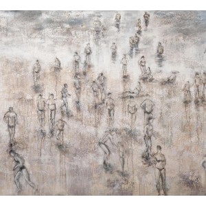 Beige Fototapete mit Strand-Motiv im Kunststil, Menschen am Meer für Wohn- und Schlafzimmer.