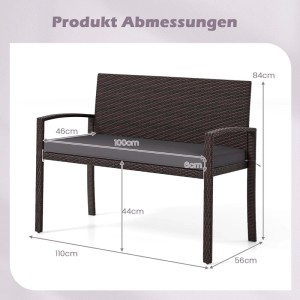 Costway Polyrattan Gartenbank, grau, mit Sitzkissen und Maßangaben. Gartenmöbel für 2 Personen.