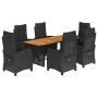 7-teilige Garten-Essgruppe vidaXL aus schwarzem Poly Rattan mit Kissen. Gartenmöbel-Set mit Tisch und Stühlen.