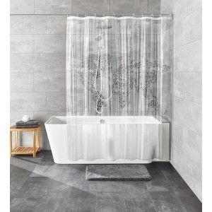 Kleine Wolke Duschvorhang Reiselust, 180x200 cm, schwarz, mit Weltkarte im Badezimmer.