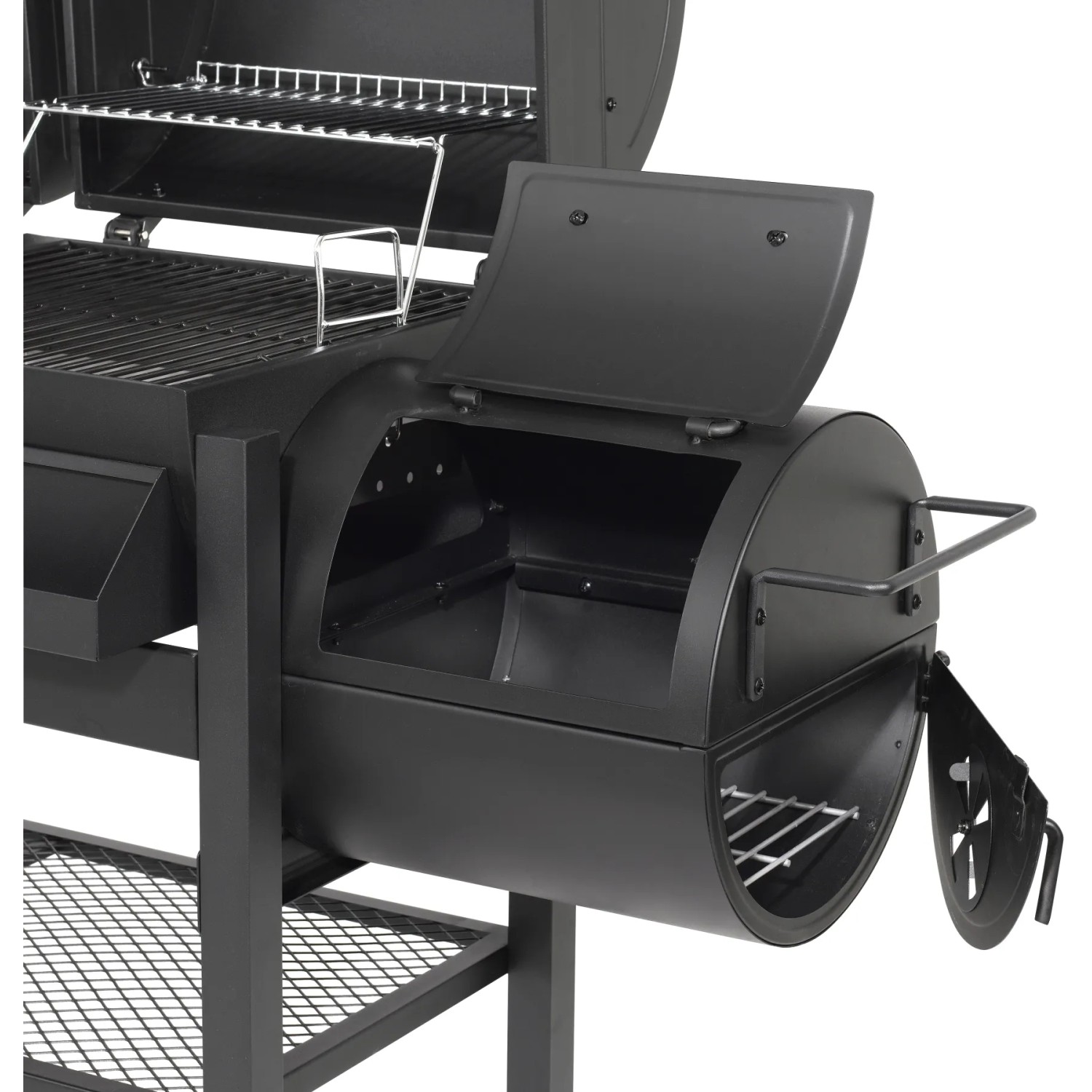 Detailansicht des El Fuego 3in1 Kombigrill Sierra, Holzkohle- und Gasgrill mit geöffneter Räucherkammer.
