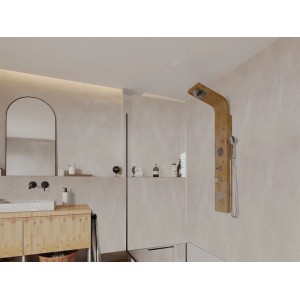 Vente-unique Duschsäule Tissia aus hellem Bambus mit Kopf- und Handbrause in modernem Bad.
