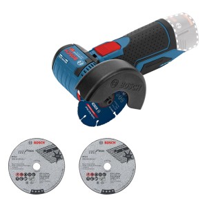 Bosch Professional Akku-Winkelschleifer GWS 12 V-76 Solo, blau-schwarz, mit blauer Trennscheibe und zwei grauen Scheiben.