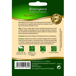 Samenpackung Quedlinburger Rittersporn 'King Arthur' mit blauen Blüten und weißer Mitte.