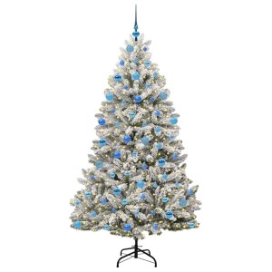 Künstlicher, weiß-grüner Weihnachtsbaum (180 cm) mit blauen Kugeln und LED-Lichtern.